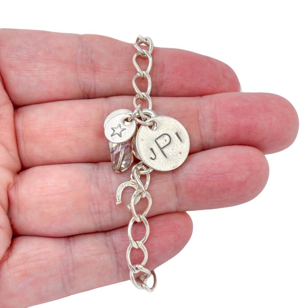 JP Charm Bracelet | Sterling Silver 925 | Horseshoe Star Crystal Bead | 7.75"